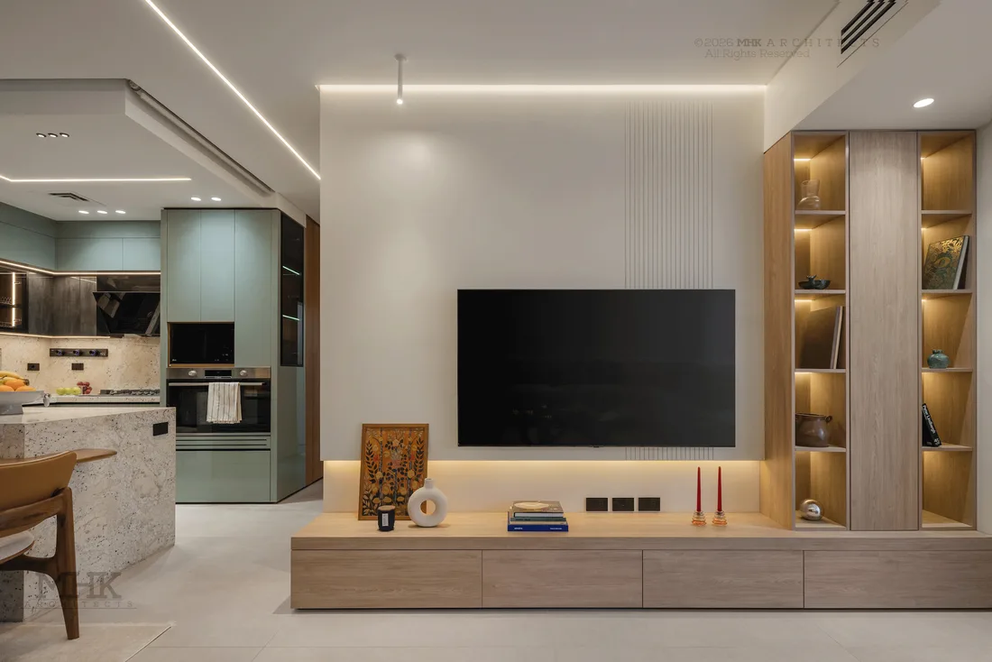 Patio Casa Project living media wall, finished interior by MHK Architects